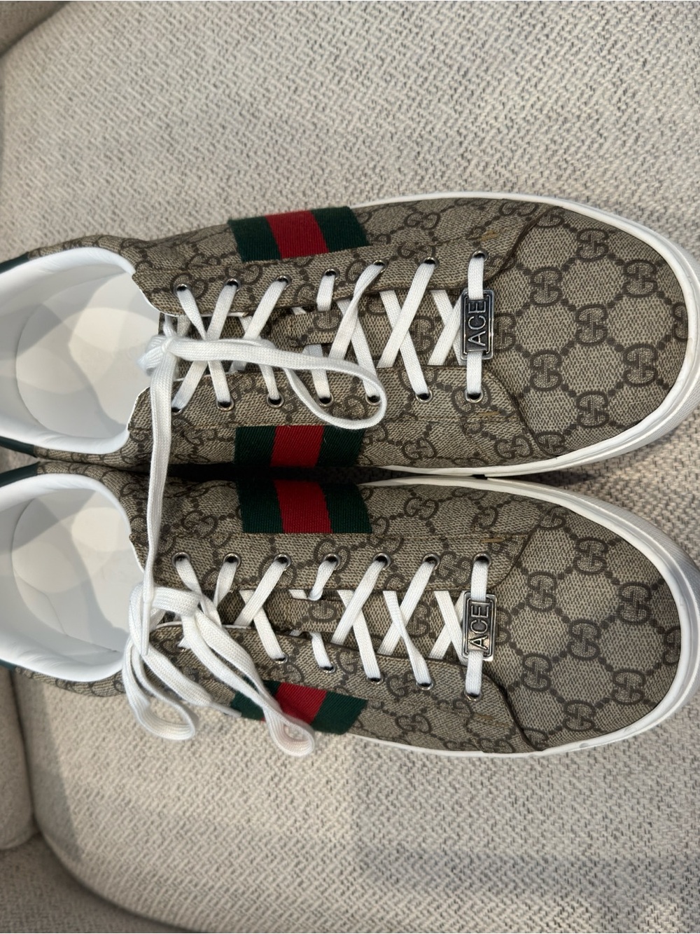 Gucci Beige GG Supreme Ace Sneakers with Green and Red Web